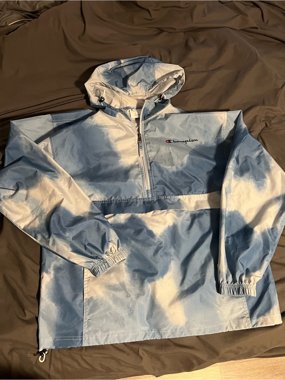 Champion Light Blue and White Tie-Dye Hooded Windbreaker